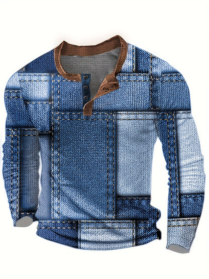 Men’s Geometric Henry Shirt – Long Sleeve Casual Crew Neck Top