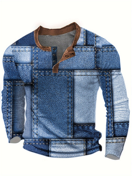 Men’s Geometric Henry Shirt – Long Sleeve Casual Crew Neck Top