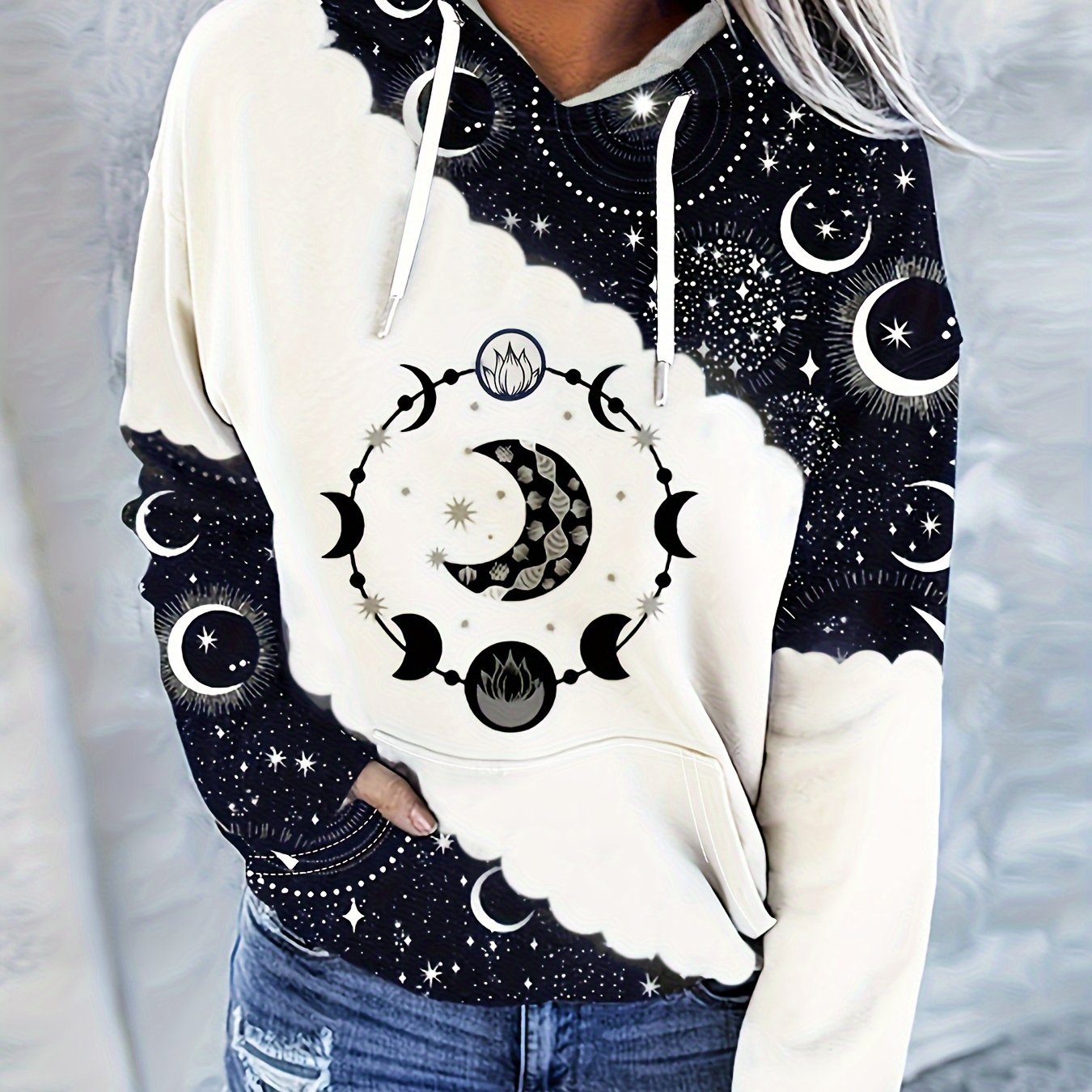Boho Chic Celestial Hoodie – Women’s Green Zodiac Moon Pullover