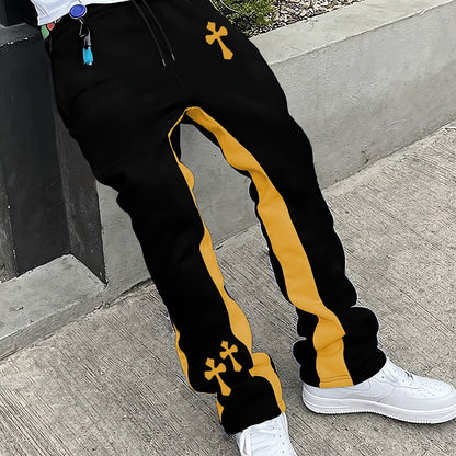 Men’s Black Flared Pants – Cross Print Streetwear Trousers with Red Stripe