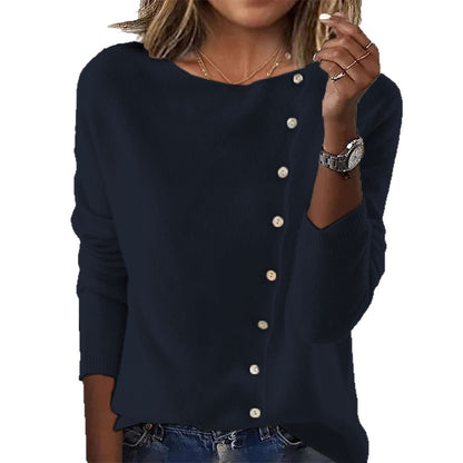 Suéter elegante con botones para mujer - Top de punto de manga larga con cuello redondo