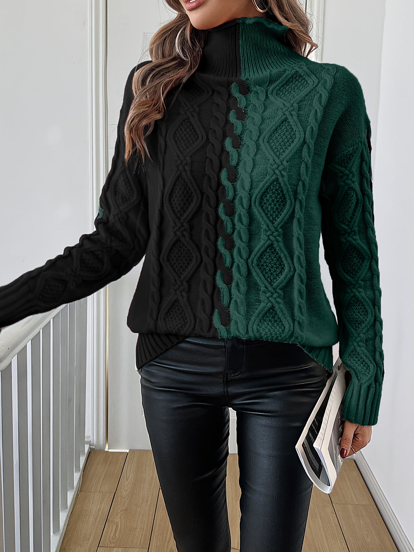 Elegant High-Neck Striped Blouse – Color-Block Knit Long Sleeve Top