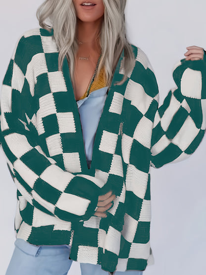 Red & White Gingham Cardigan – Women’s Cozy Fall/Winter Knit Sweater