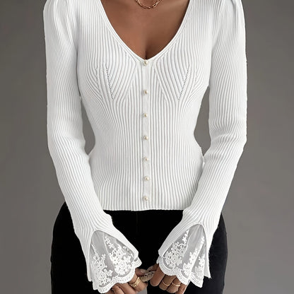 Women’s Elegant Pink V-Neck Pullover – Ribbed Long Sleeve Knit Top