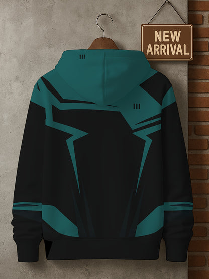 Men’s 3D D-Print Hoodie – Black & White Color-Block Street Pullover