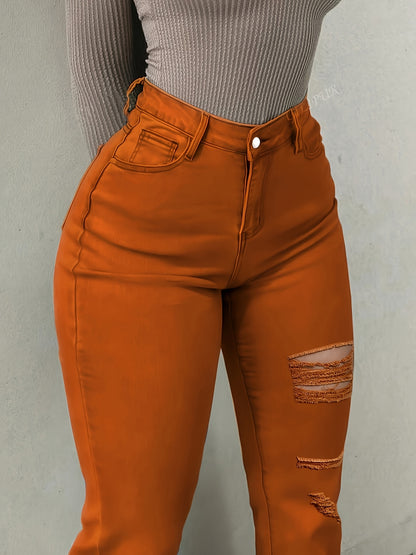 Women’s Vibrant Orange Distressed Flare Jeans – High-Waist Bootcut