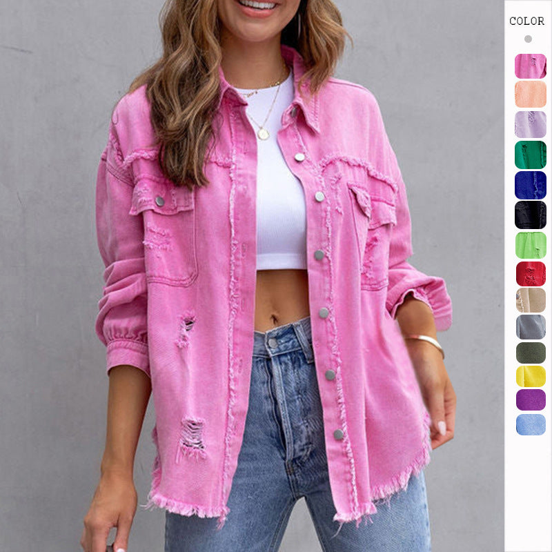 Loom & Soul Women’s Ripped Shirt Jacket – Casual Loose Fit Button-Up Top for Spring & Autumn