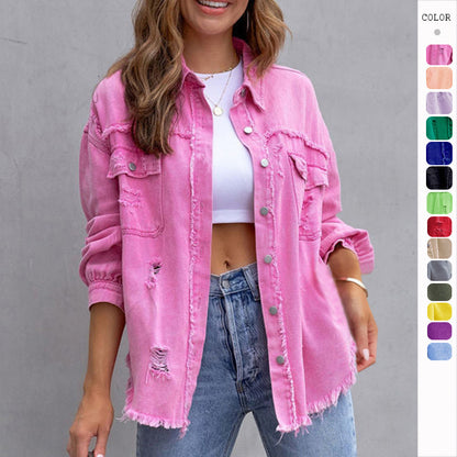 Loom & Soul Women’s Ripped Shirt Jacket – Casual Loose Fit Button-Up Top for Spring & Autumn