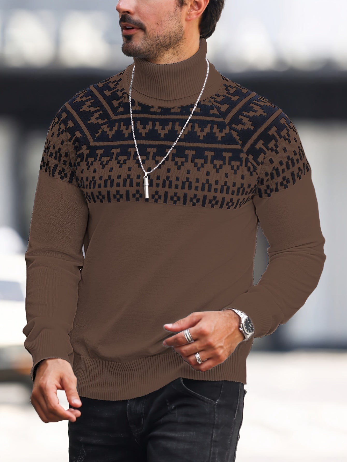 Suéter de cuello alto geométrico para hombre - Suéter informal de punto para otoño e invierno