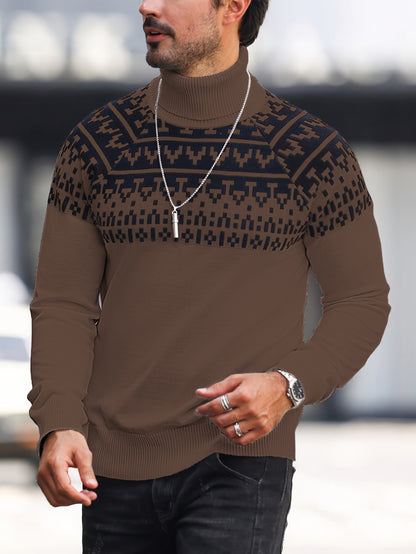 Suéter de cuello alto geométrico para hombre - Suéter informal de punto para otoño e invierno