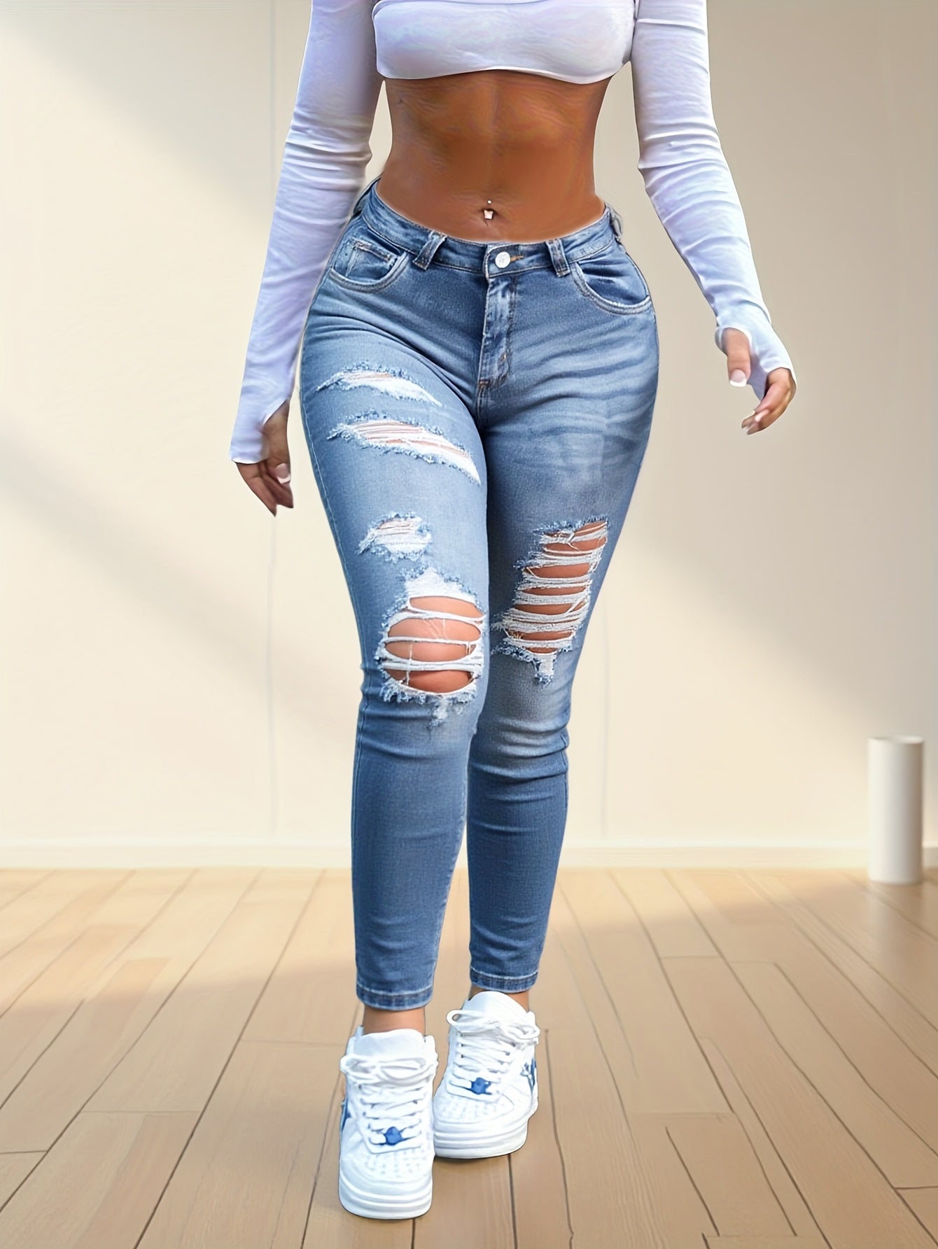 Women’s Ripped Skinny Jeans – High-Stretch Distressed Street Denim