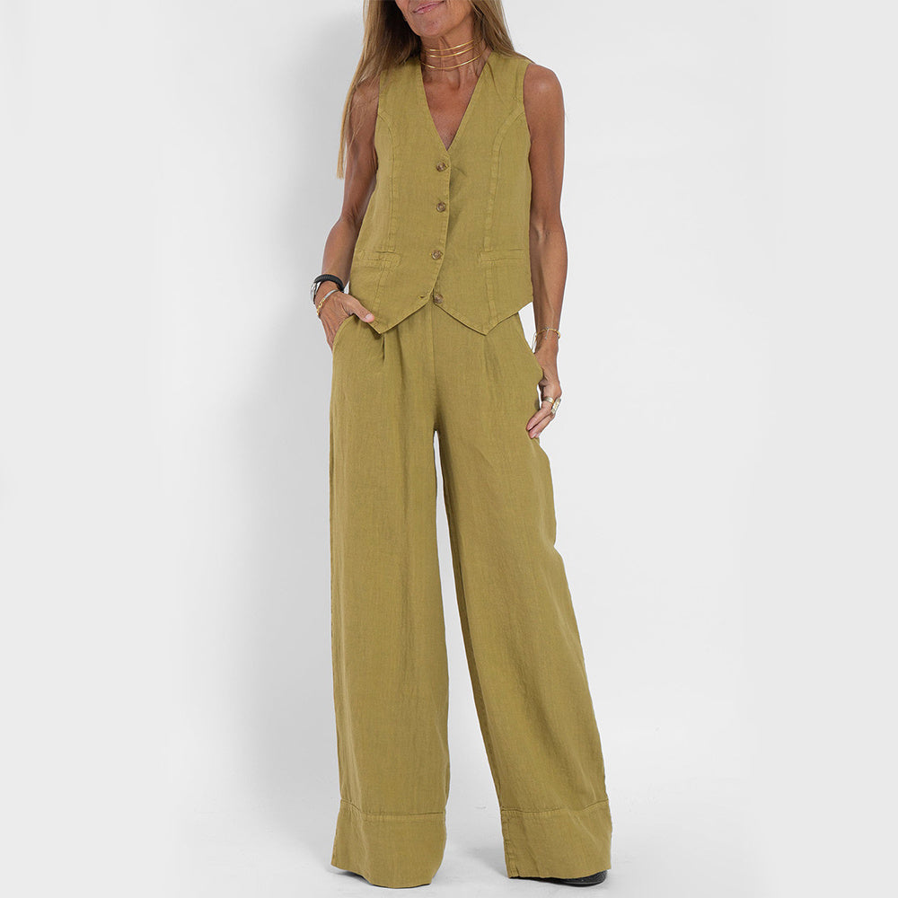 Loom & Soul™ Women’s Cotton-Linen Vest Suit – Sleeveless V-Neck Top & Loose Straight Trousers Set