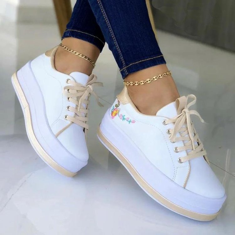 Loom & Soul™ Floral Embroidered Platform Sneakers – Women’s Lace-Up PU Shoes with 3–5CM Lift & EVA Sole