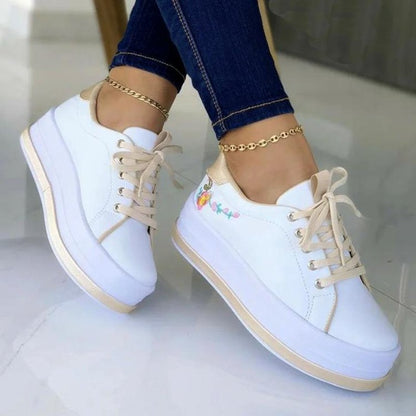 Loom & Soul™ Floral Embroidered Platform Sneakers – Women’s Lace-Up PU Shoes with 3–5CM Lift & EVA Sole