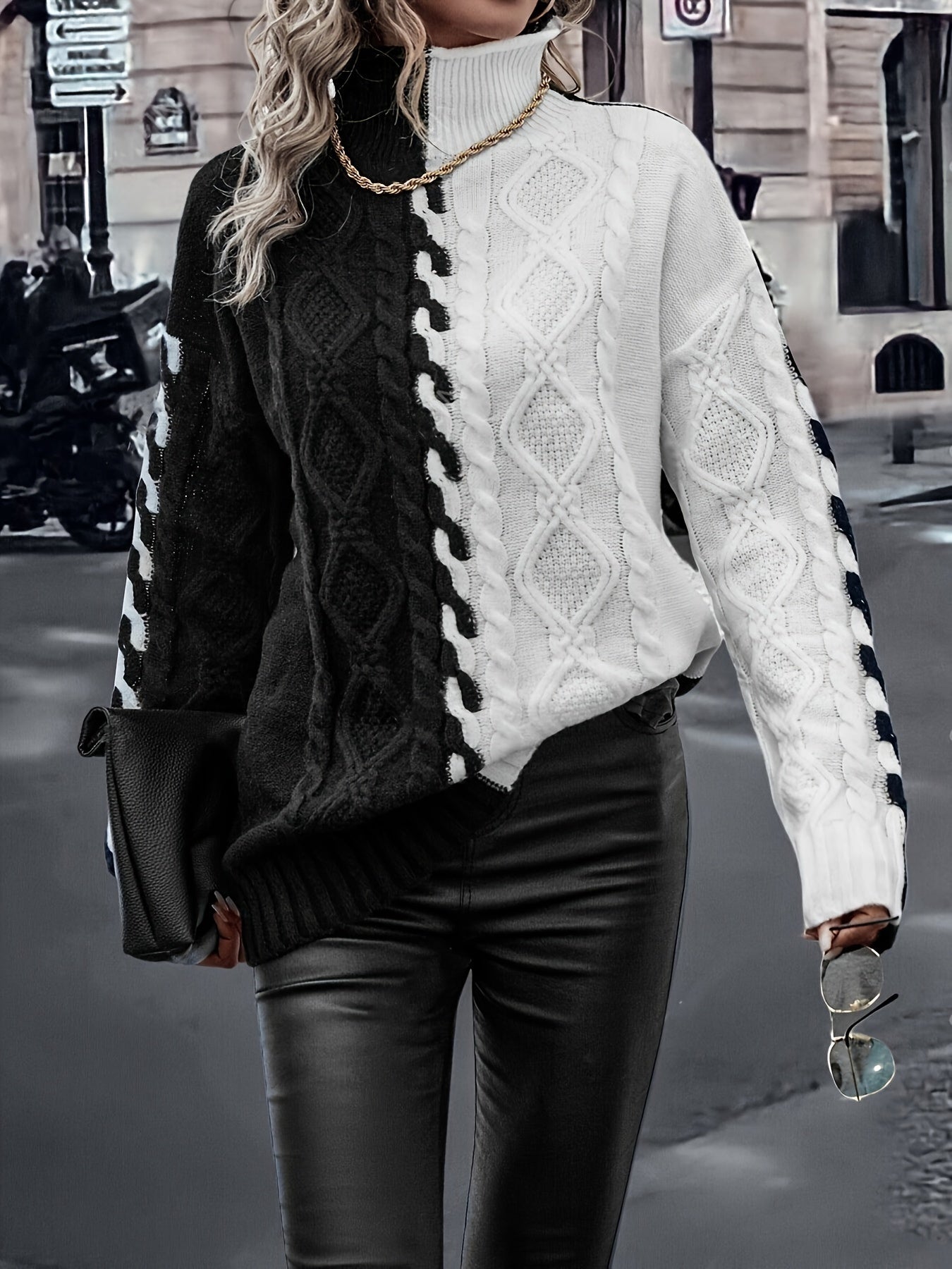 Elegant High-Neck Striped Blouse – Color-Block Knit Long Sleeve Top