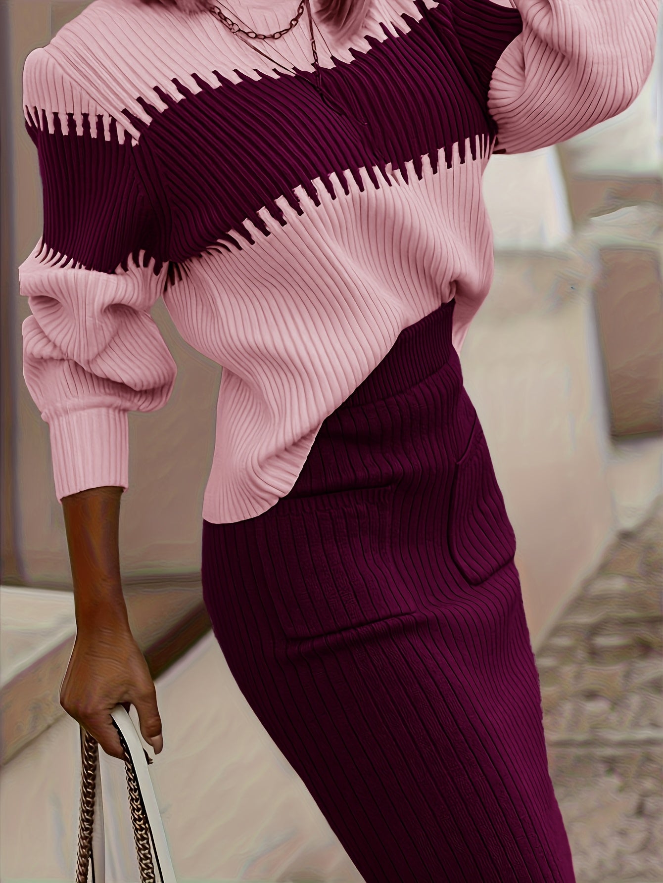 High Neck Color-Block Sweater & Skirt Set – Elegant Winter Two-Piece