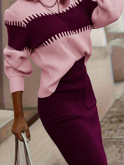 High Neck Color-Block Sweater & Skirt Set – Elegant Winter Two-Piece