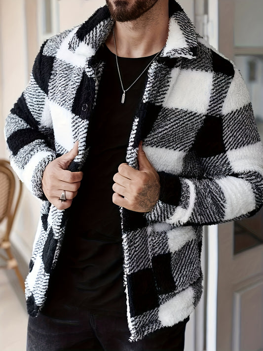Men’s Black & White Plaid Fleece Jacket – Cozy Winter Overshirt