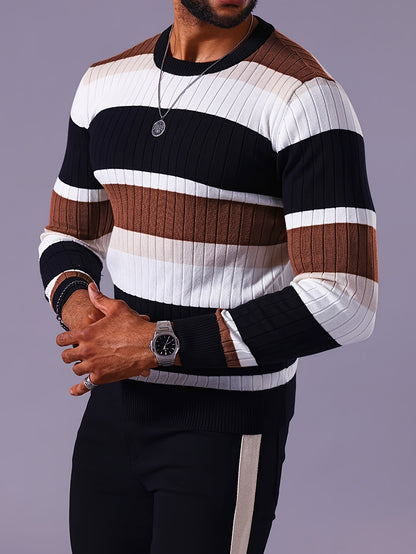 Men’s Striped Ribbed Knit Sweater – Color-Block Fall Winter Pullover