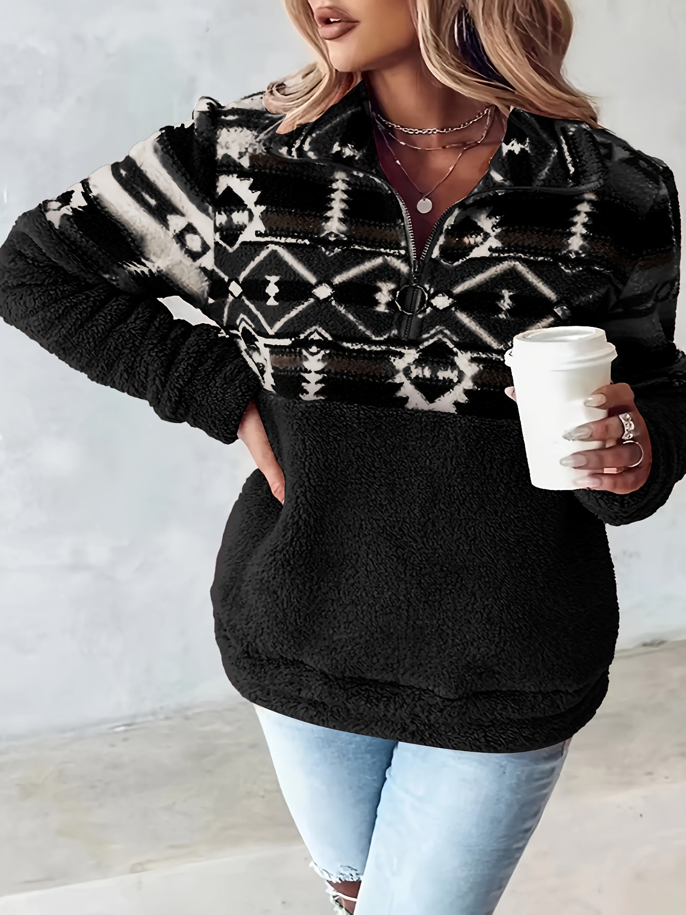 Geo Pattern Teddy Sweatshirt – Half-Zip Fleece Pullover for Fall & Winter