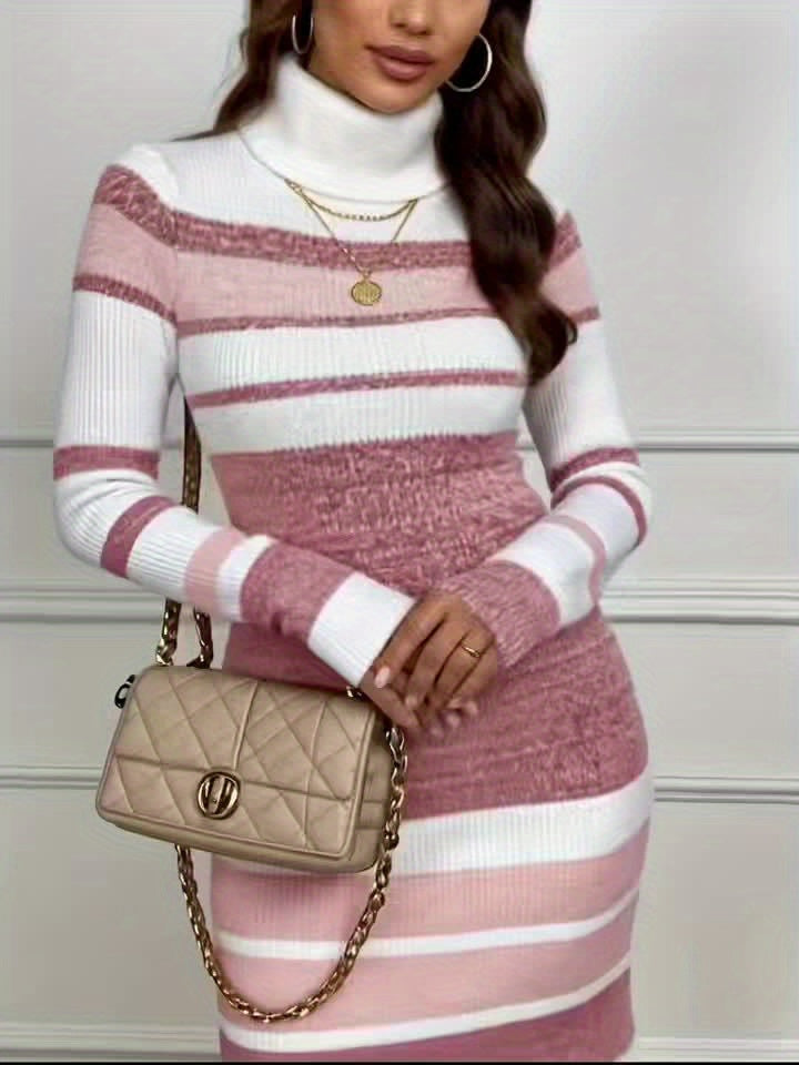 Elegant High-Neck Striped Sweater Dress – Long Sleeve Colorblock Bodycon