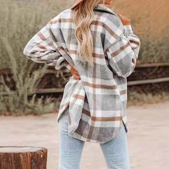 Chaqueta a cuadros con hebillas para mujer – Abrigo informal de corte holgado