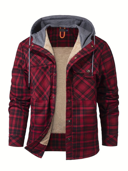 Men’s Plaid Flannel Hooded Jacket – Asymmetrical Button Tartan Coat