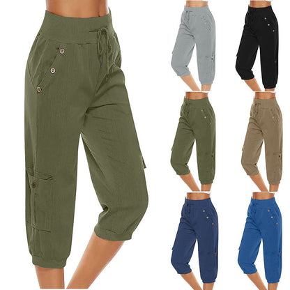 Loom & Soul™ Women’s Cropped Cargo Pants – Cotton Linen Blend with Pockets for Effortless Everyday Style