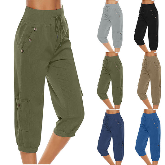 Loom & Soul™ Women’s Cropped Cargo Pants – Cotton Linen Blend with Pockets for Effortless Everyday Style