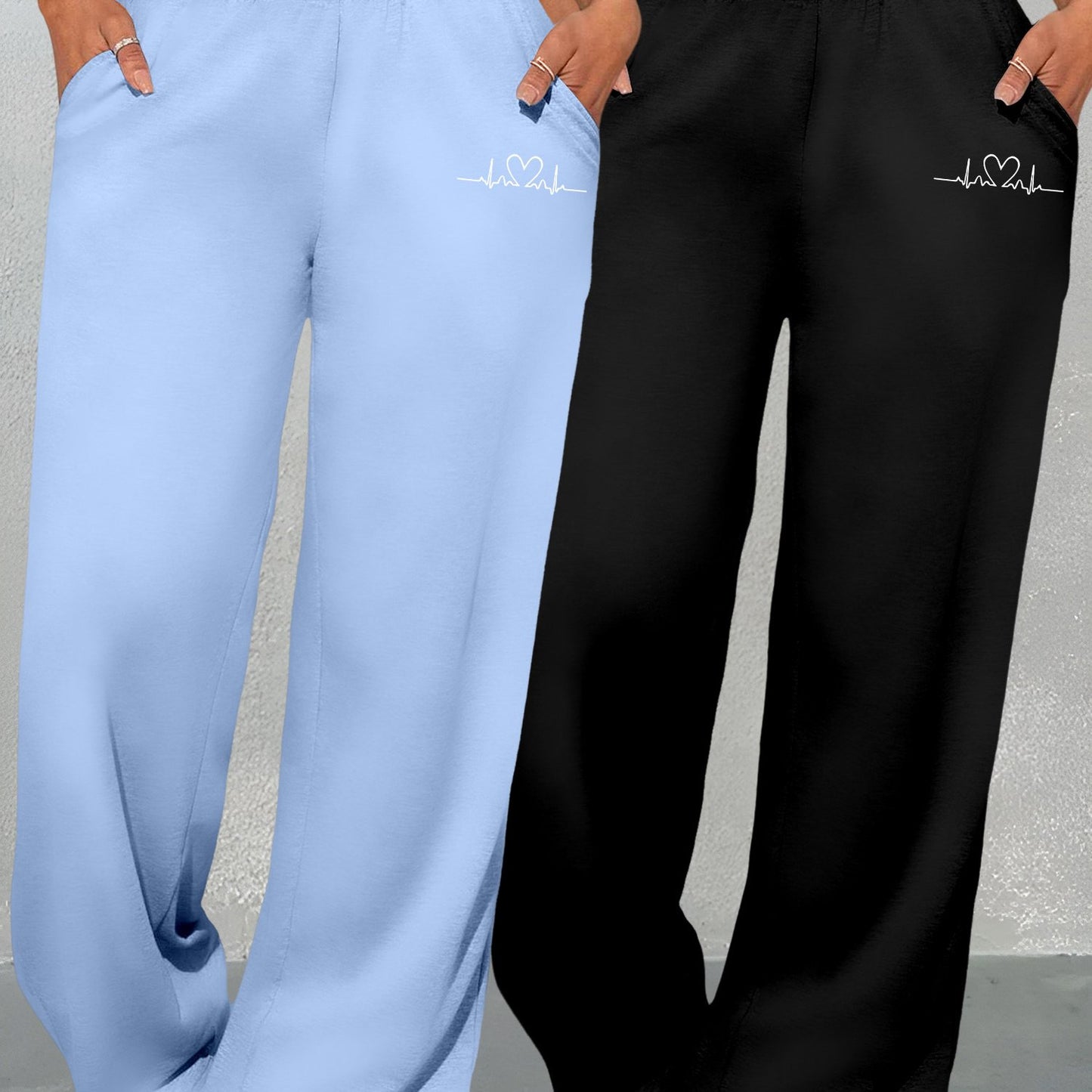 Women’s Geometric Love Print Two-Piece Set – Wide-Leg High-Waist Pants