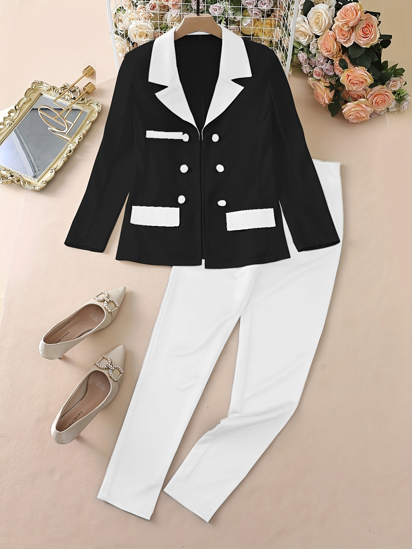 Elegante Traje de Moda con Parches para Mujer – Conjunto de Dos Piezas Primavera/Otoño
