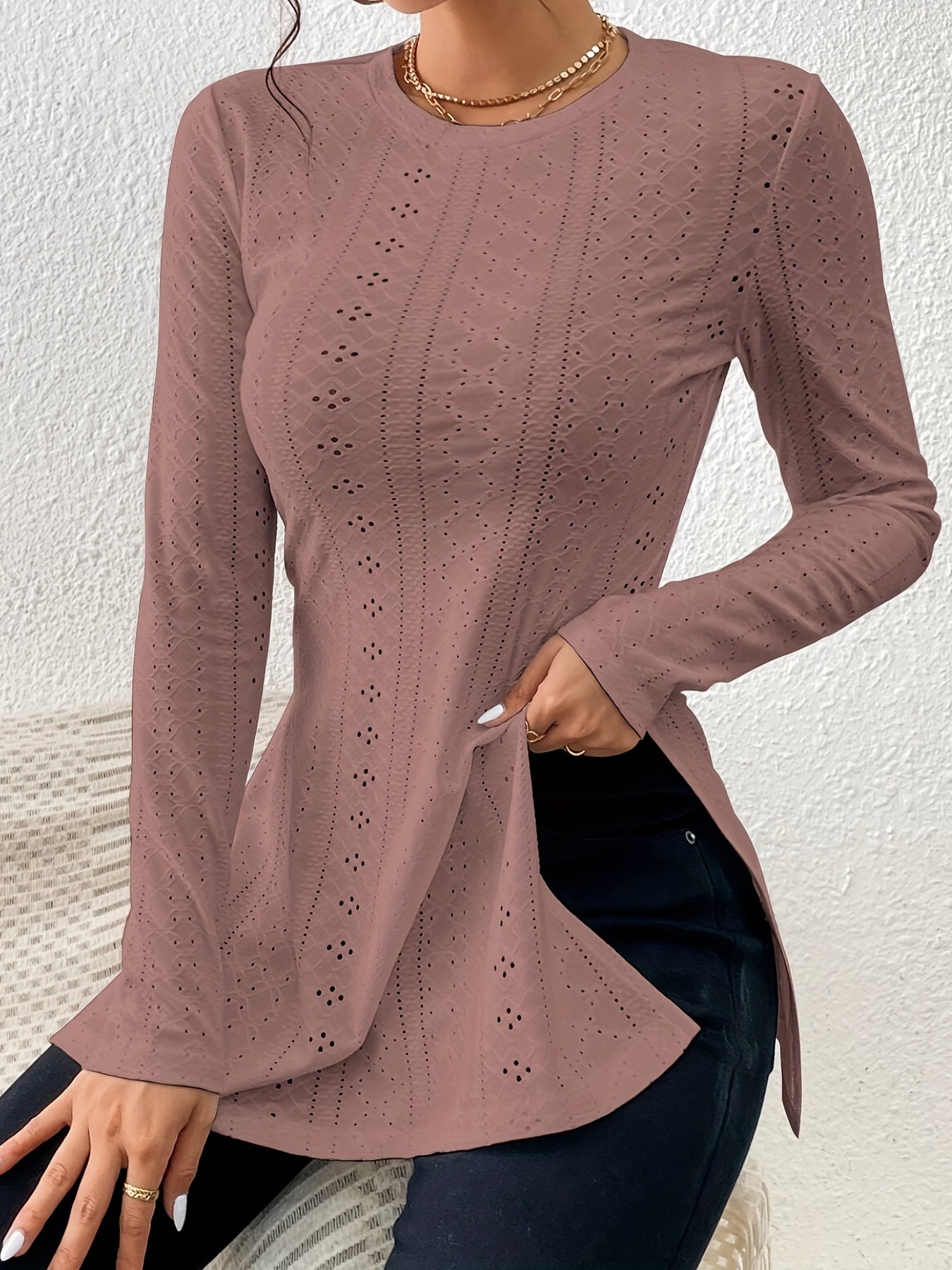 Elegant Long Sleeve Split Hem Top – Crew Neck Eyelet T-Shirt