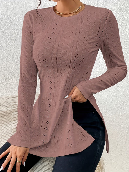 Elegant Long Sleeve Split Hem Top – Crew Neck Eyelet T-Shirt