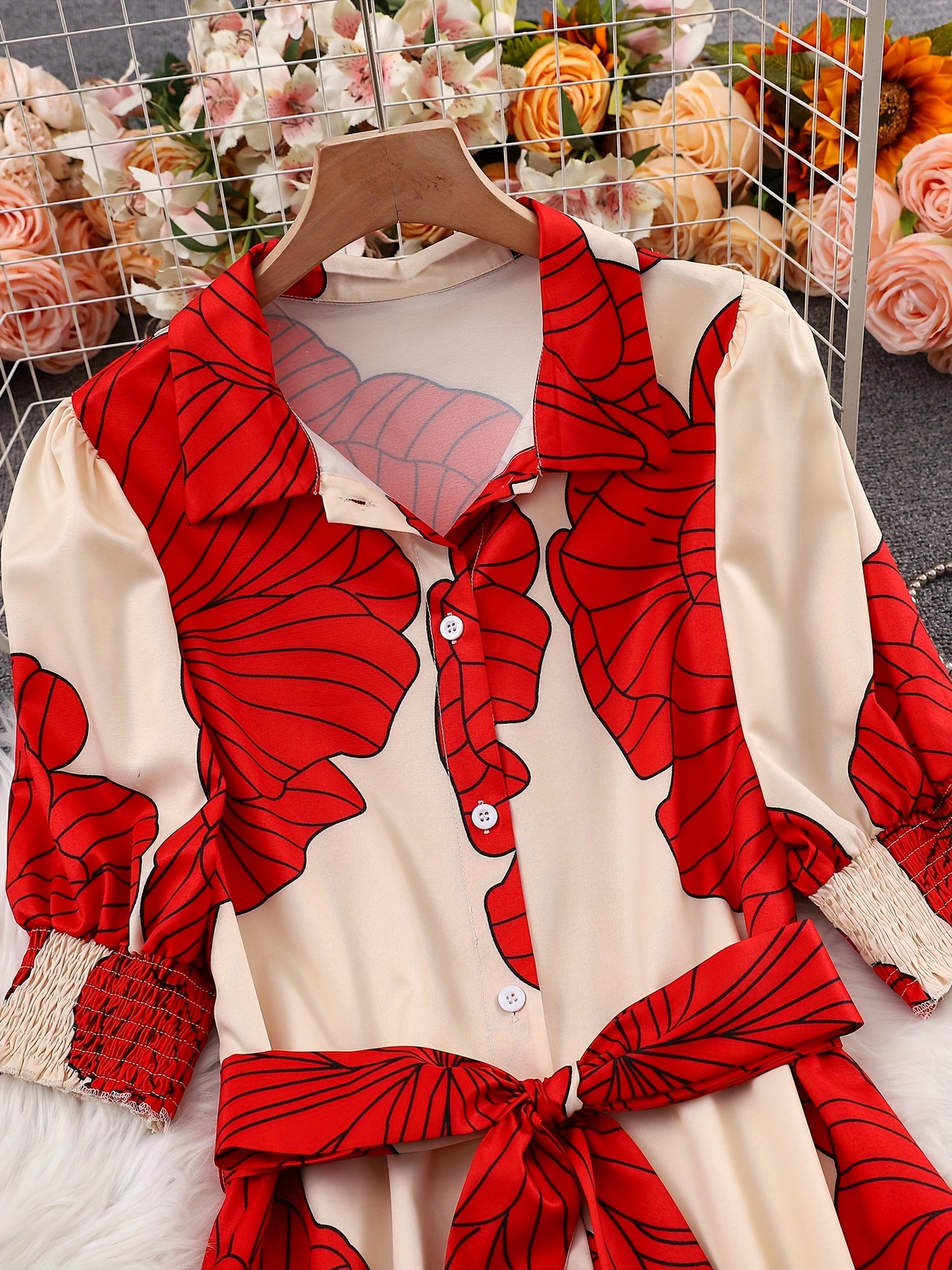 Floral Tie-Waist Maxi Shirt Dress – Elegant Long Sleeve A-Line Dress