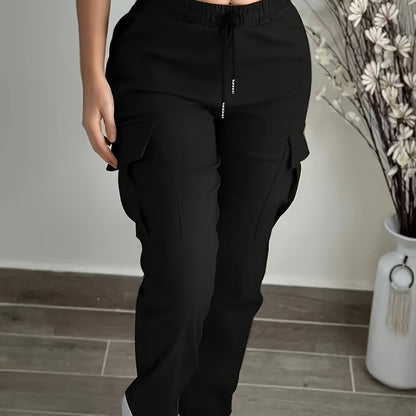 Women’s Black Cargo Pants – Elastic Drawstring Workwear Trousers