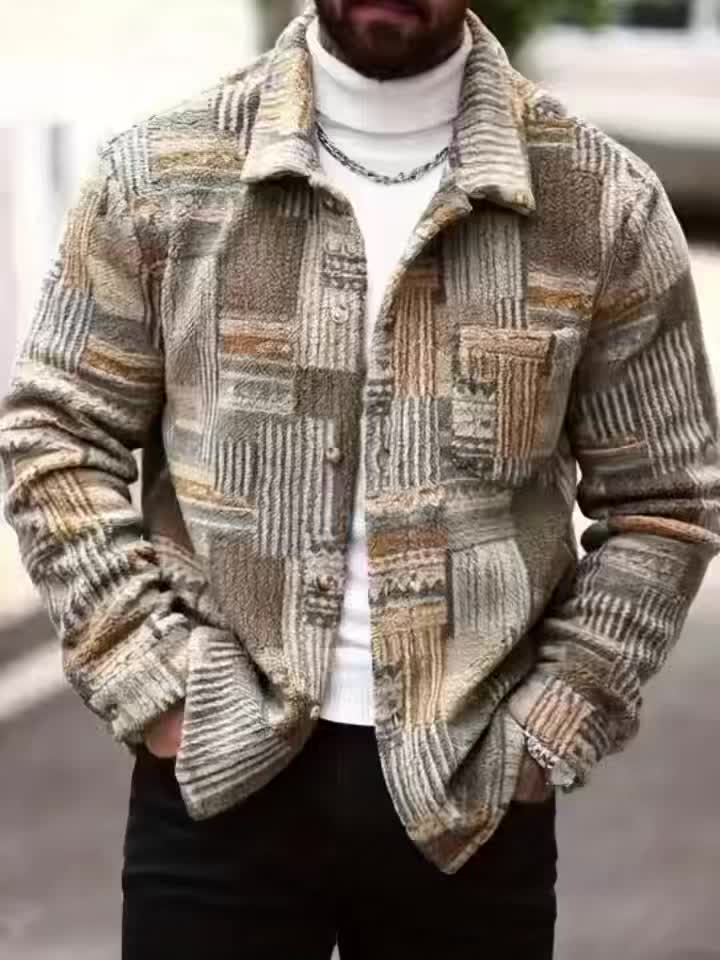 Veste polaire géométrique rétro pour homme – Surchemise boutonnée vintage