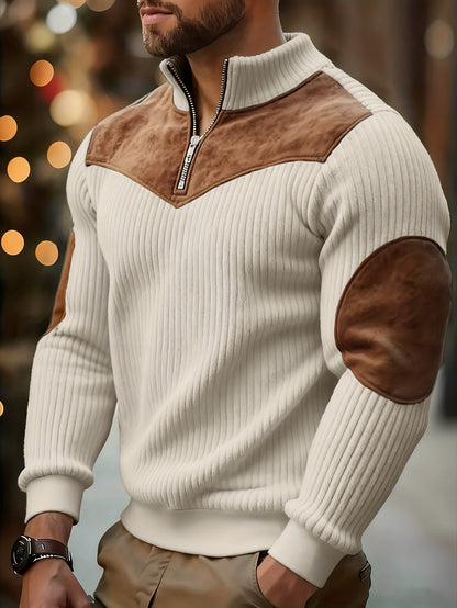 Men’s Stand Collar Half-Zip Pullover – Warm Ribbed Retro Sweatshirt