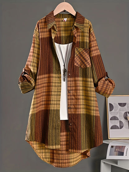 Women’s Vintage Plaid Shirt – Loose Button-Up All-Season Top