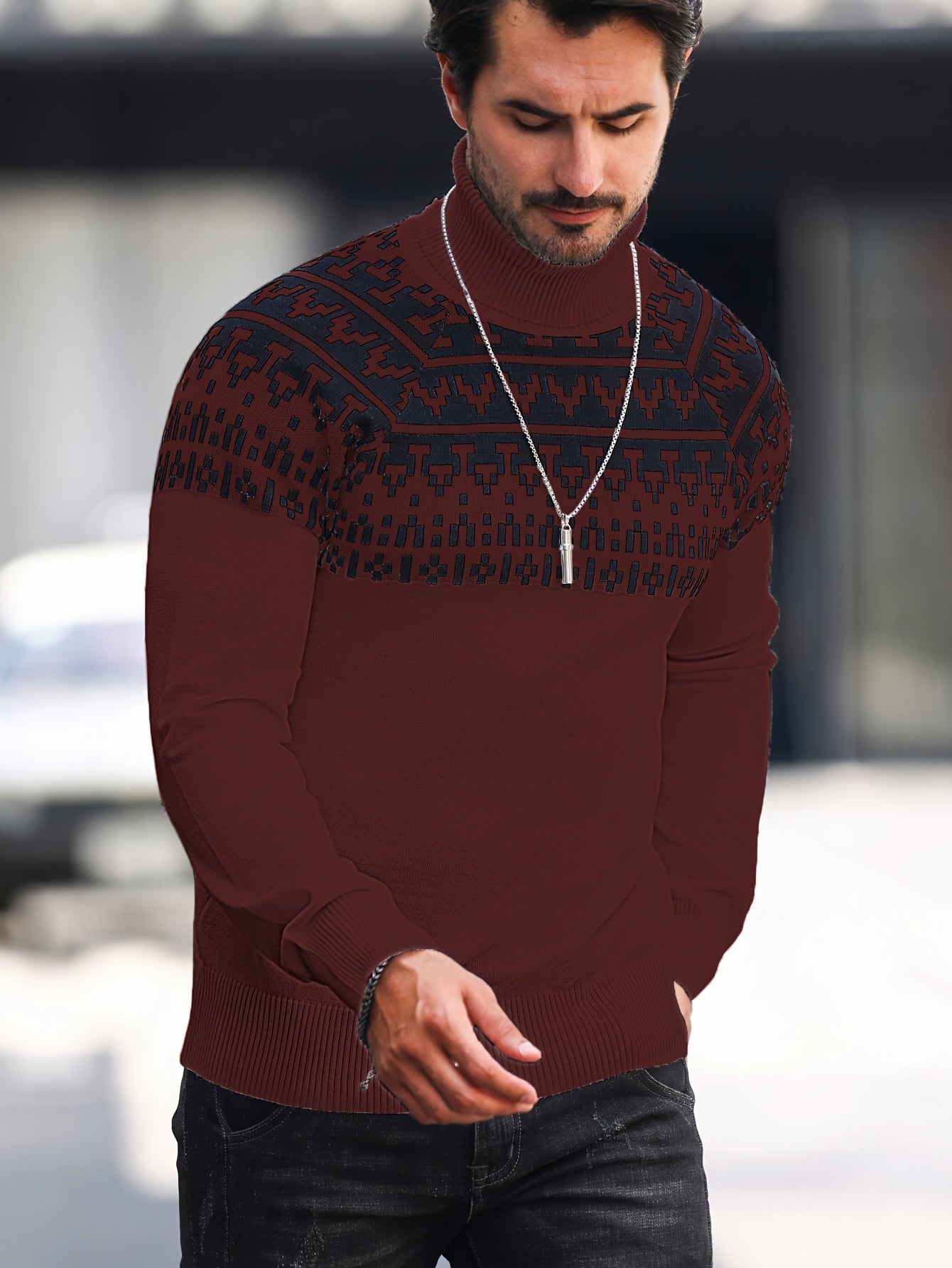 Suéter de cuello alto geométrico para hombre - Suéter informal de punto para otoño e invierno