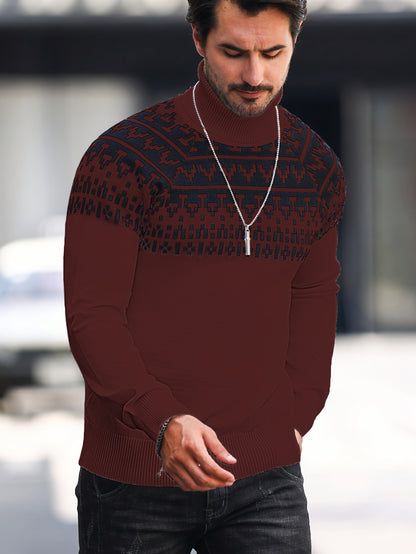 Suéter de cuello alto geométrico para hombre - Suéter informal de punto para otoño e invierno