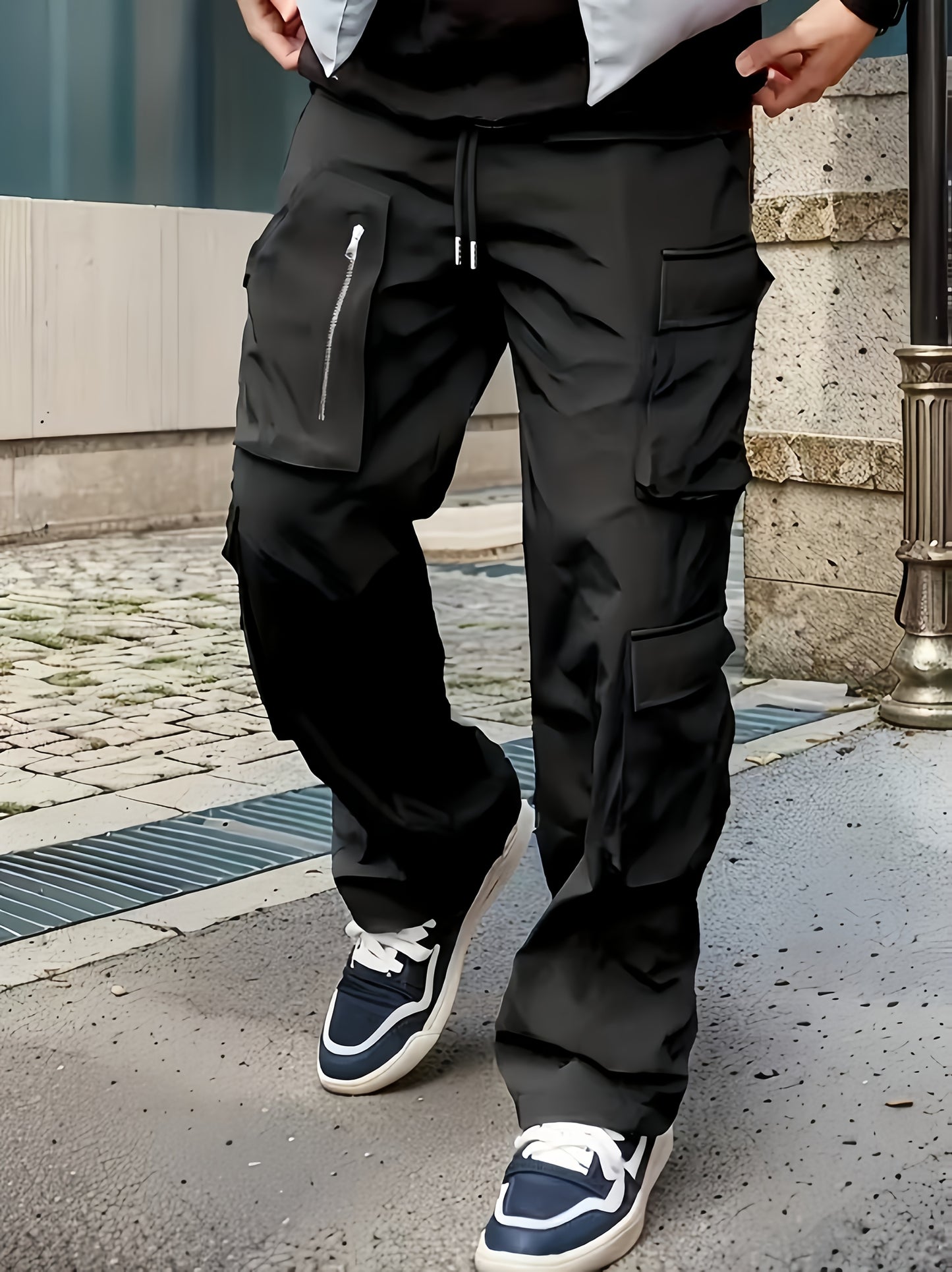 Men’s Black Cargo Pants – Multi-Zip Loose-Fit Outdoor Joggers for Spring/Fall