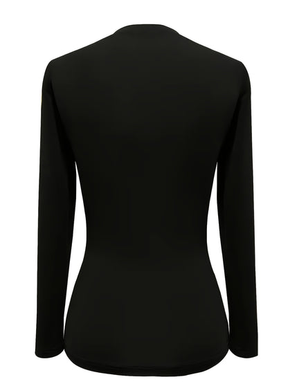 Elegant Black Long Sleeve Top – Gold Button Detail Round-Neck Tee