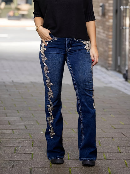 Women’s Flare Jeans – Dark Blue Bootcut with Side Print Design