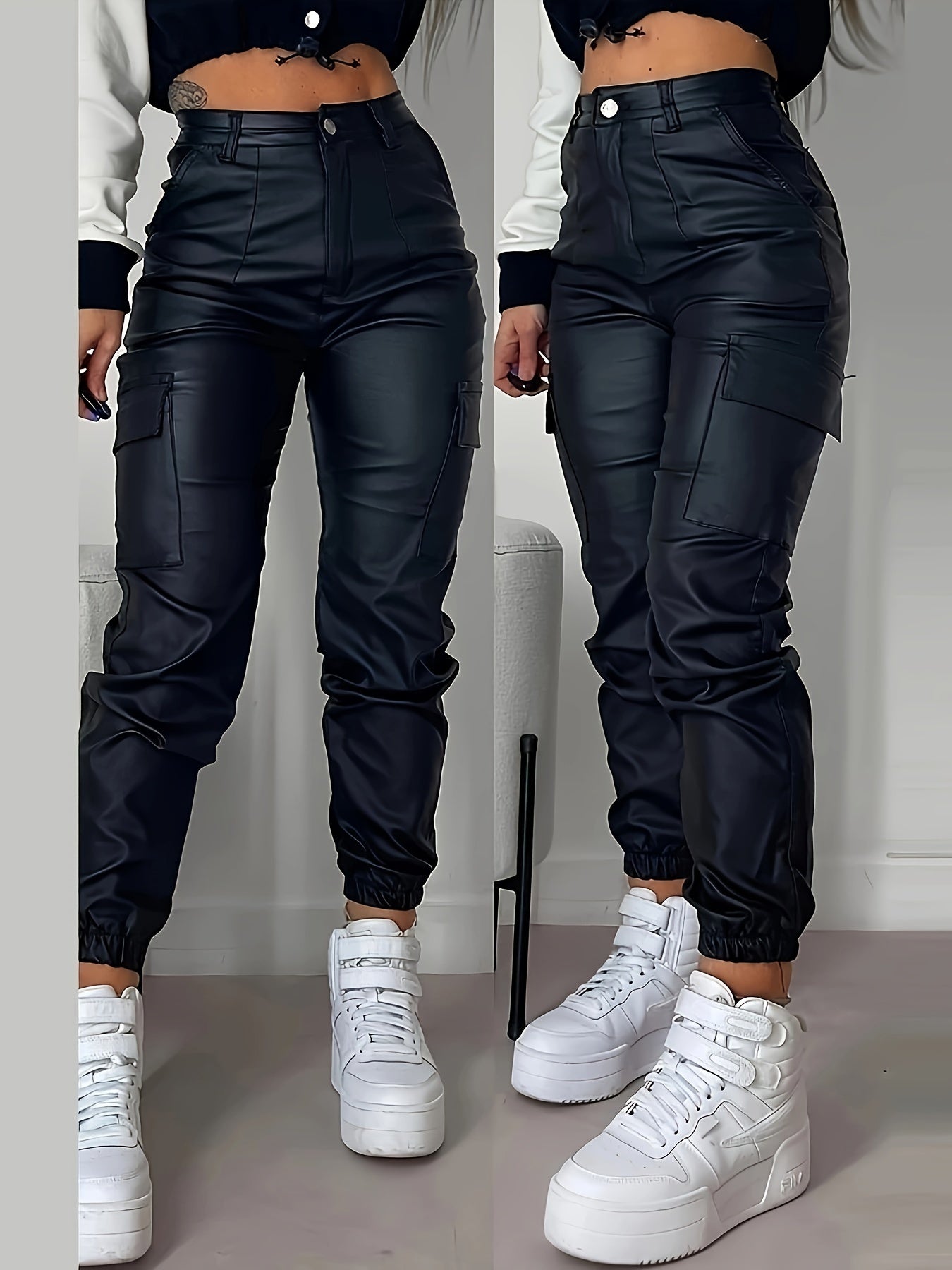 Women’s High-Rise Stretch Cargo Jeans – Black Glossy Denim Pants