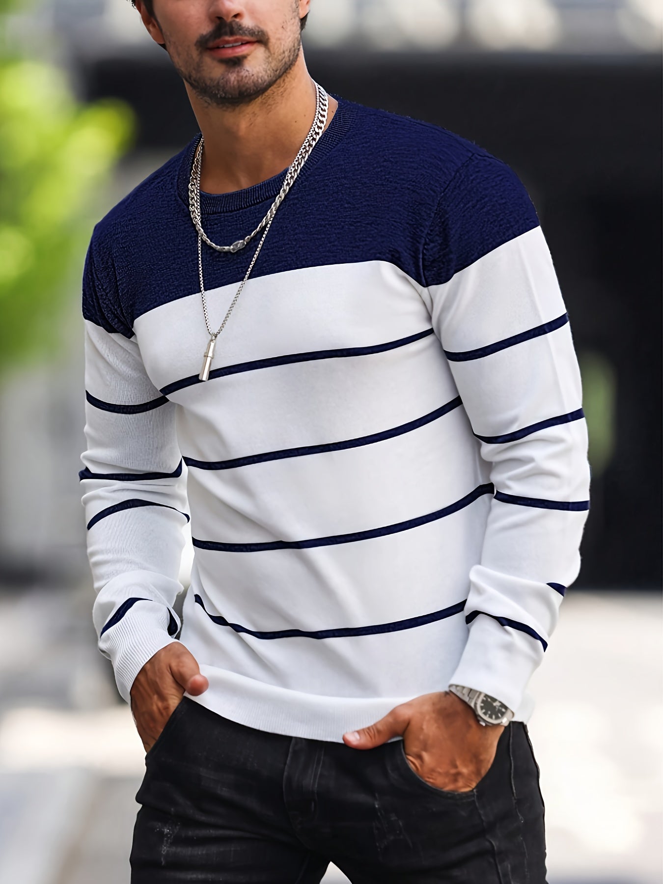 Pull tricoté rayé bleu marine pour homme – Col rond décontracté