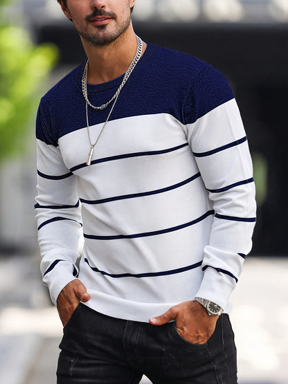 Pull tricoté rayé bleu marine pour homme – Col rond décontracté