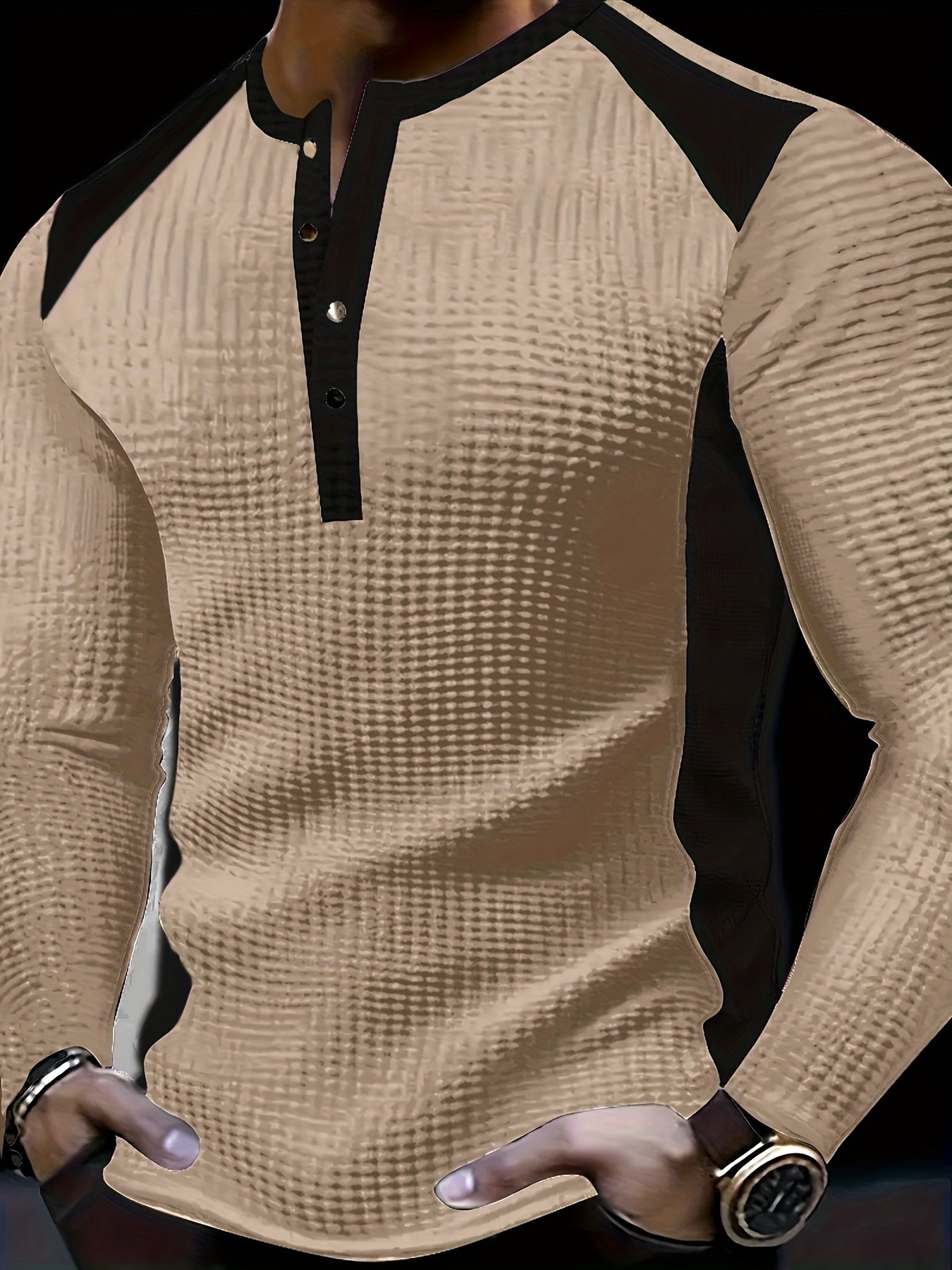 Men’s Waffle Henley Shirt – White & Black All-Season Button Top