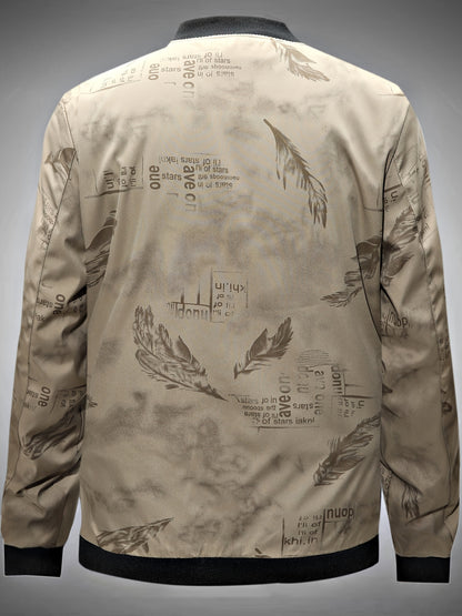 Men’s Feather Print Track Jacket – Zip-Up Baseball Collar Street Coat