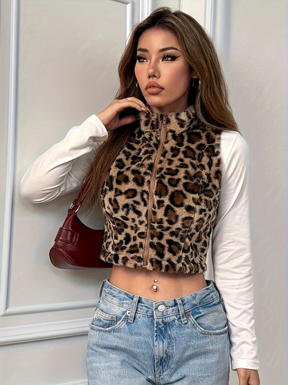 Women’s Leopard Print Plush Vest – Sleeveless Zip-Up Winter Top