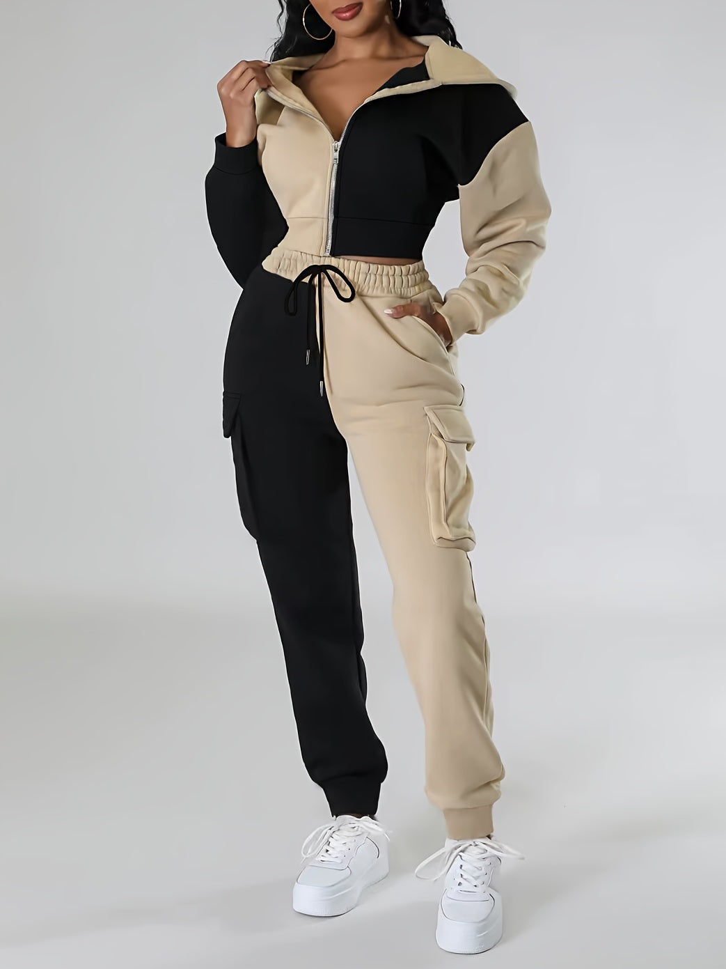 Colorblock Hooded Jacket & Cargo Pants Set – Women’s Zip-Up Two-Piece